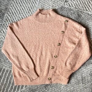 Softest Peachy Pink Hem & Thread Mock Neck Sweater with Button Detailing Size S